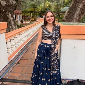 Navy Blue Embroidered A-Line Lehenga